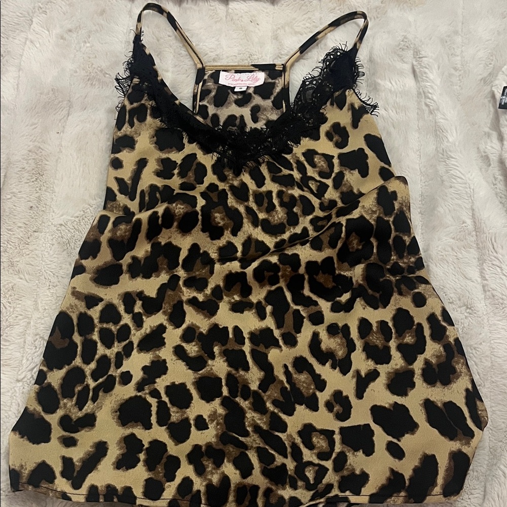 Pink Lily Leopard Print Cami with Black Lace